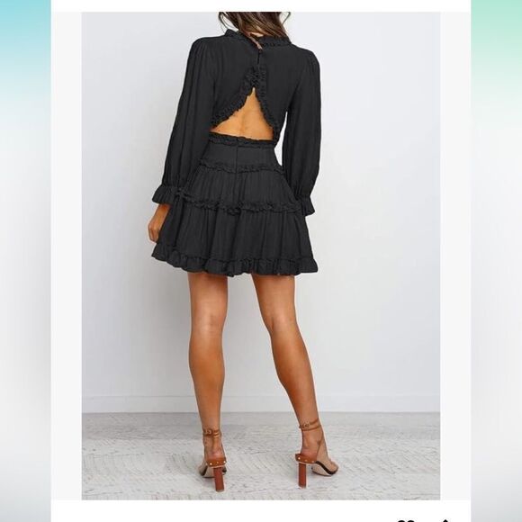 Womens Deep V Neck Ruffle Long Sleeve Floral Print Boho Mini Dress Large - Picture 2 of 7